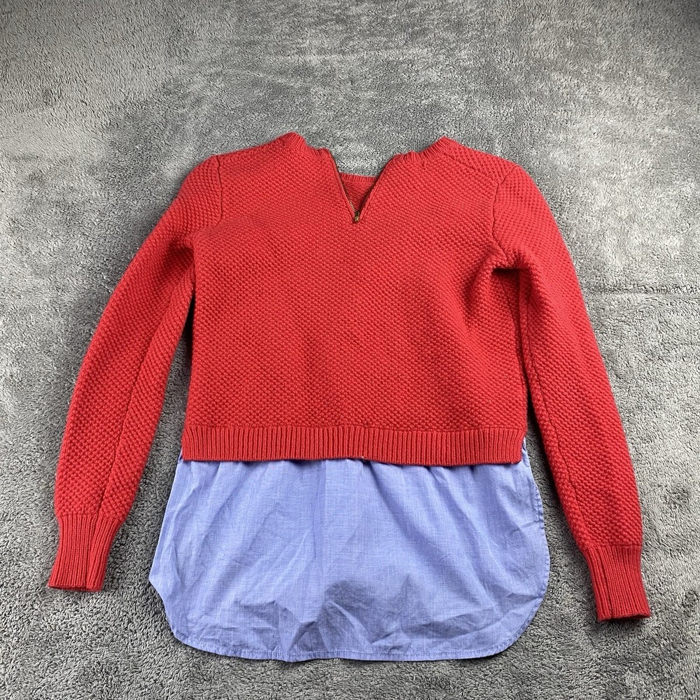 J.‎ CREW Knit Long Sleeve Wool Sweater Chambray Faux Shirt Womens XXS Red